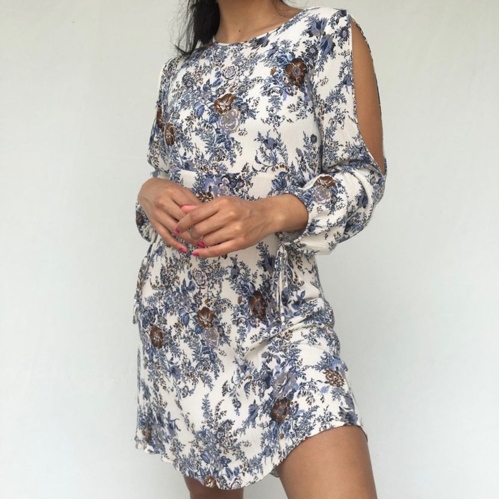 American Eagle Outfitters White Long Sleeve Dress with Blue Floral Print